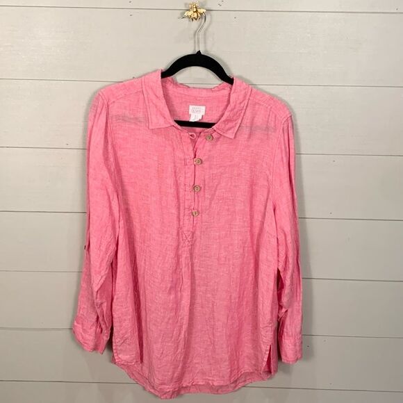 Sigrid Olsen 100% linen pink Henley button top long sleeve size 1X natural - Picture 1 of 7